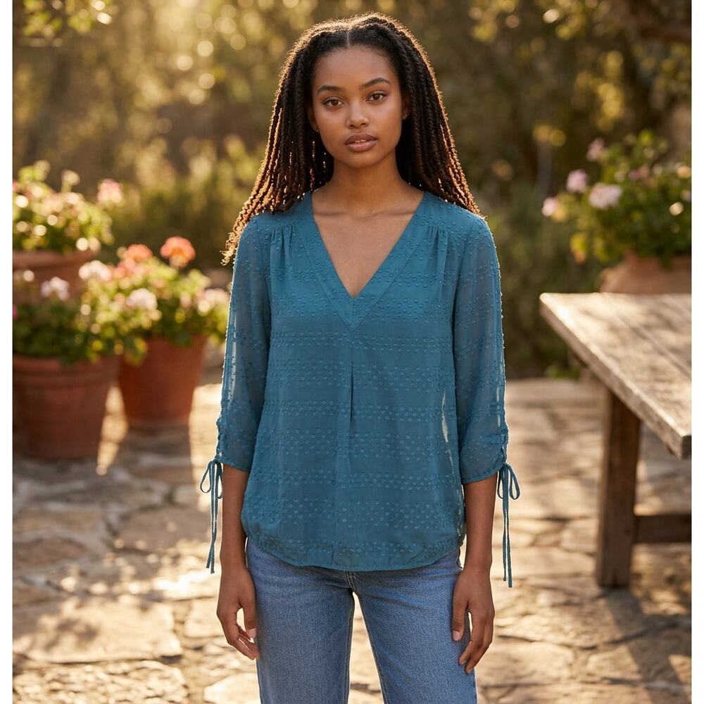 NY & Co Soho Teal Sheer Polka Dot Blouse M V Neck Tie Sleeve Top